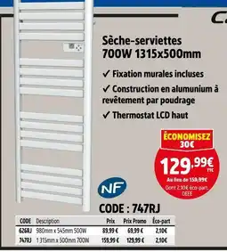 Screwfix CARRERA Sèche-serviettes 700W 1315x500mm offre