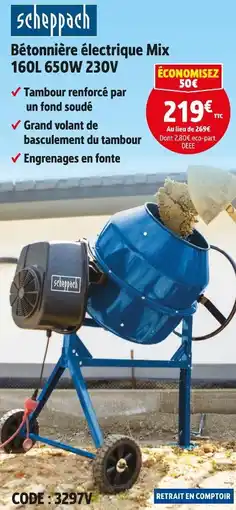 Screwfix SCHEPPACH Bétonnière électrique mix 160l 650w 230v offre