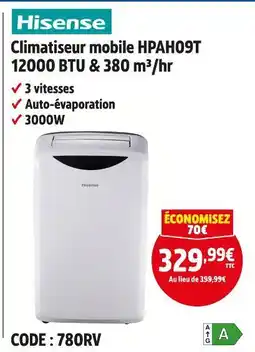 Screwfix Hisense Climatiseur mobile HPAH09T 12000 BTU & 380 m³/hr offre