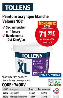 Screwfix TOLLENS Peinture acrylique blanche Velours 10L offre