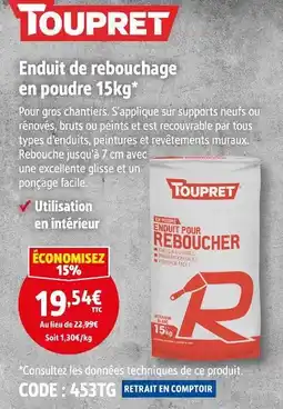 Screwfix TOUPRET Enduit de rebouchage en poudre 15kg offre