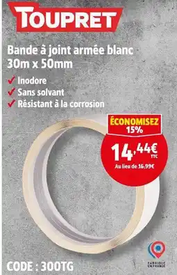 Screwfix TOUPRET Bande à joint armée blanc 30m x 50mm offre