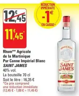 G20 Rhum Agricole de la Martinique Pur Canne Impérial Blanc SAINT JAMES offre