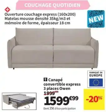 Conforama Canapé convertible express 3 places Owen offre