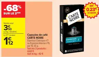 Carrefour Contact CARTE NOIRE Capsules de café offre