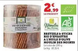 Hyper U BRETZELS & STICKS BIO D'EPEAUTRE A L'HUILE D'OLIVE MOULIN DES MOINES offre