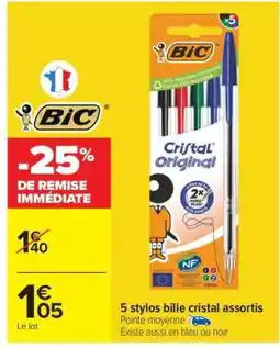 Carrefour 5 stylos bille cristal assortis offre