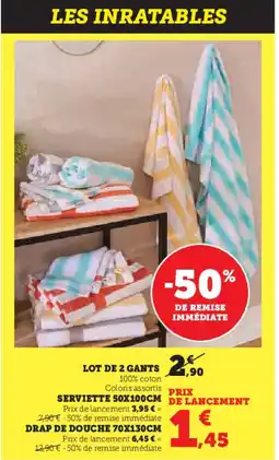 Hyper U Lot de 2 gants serviette 50x100cm drap de douche 70x130cm offre