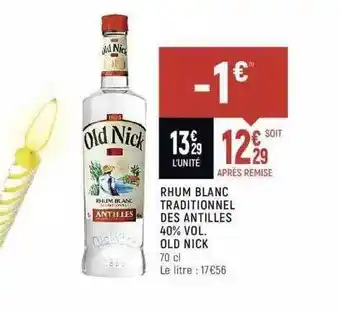 Spar Rhum Blanc Traditionnel Des Antilles 40% Vol. Old Nick offre