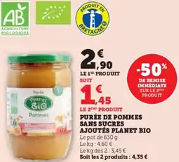 Super U Purée de pommes sans sucres ajoutés planet bio offre
