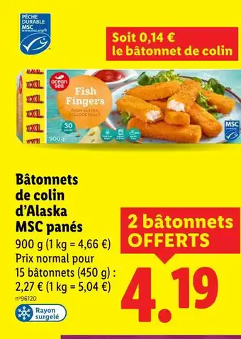 Lidl Ocean Sea Bâtonnets de colin d'Alaska MSC panés offre