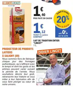 E.Leclerc Lait de tradition entier "lincet" offre