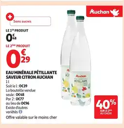 Auchan Supermarché AUCHAN Eau minérale pétillante saveur citron offre