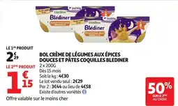 Auchan Supermarché BLEDINER Bol crème de légumes aux épices douces et pâtes coquilles offre