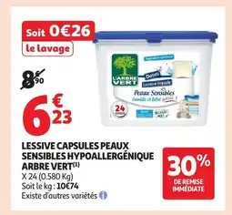 Auchan Supermarché ARBRE VERT Lessive capsules peaux sensibles hypoallergénique offre