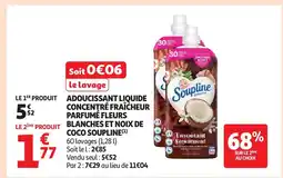 Auchan Supermarché SOUPLINE Adoucissant liquide concentré fraîcheur parfumé fleurs blanches et noix de coco offre