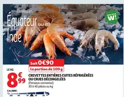 Auchan Crevettes entières cuites réfrigérées ou crues décongelées offre