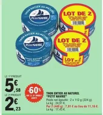 E.Leclerc Thon entier au naturel 'Petit Navire' offre