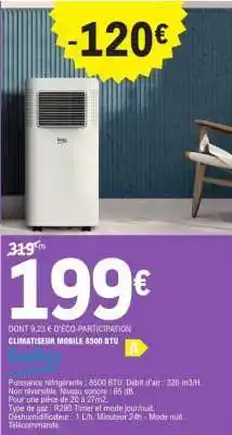 E.Leclerc CLIMATISEUR MOBILE 8500 BTU offre
