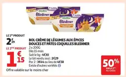 Auchan BOL CRÈME DE LÉGUMES AUX ÉPICES DOUCES ET PÂTES COQUILLES BLEDINER offre