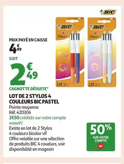 Auchan Lot de 2 stylos 4 couleurs bic pastel offre