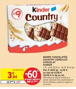Intermarché KINDER Barre chocolatée country céréales chocolat offre