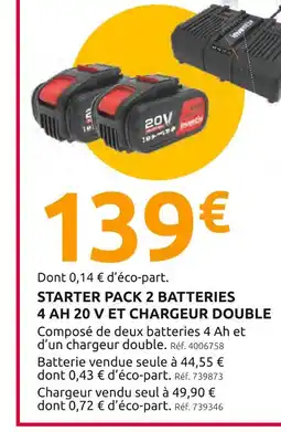 Mr Bricolage Inventiv STARTER PACK 2 BATTERIES 4 AH 20 V ET CHARGEUR DOUBLE offre