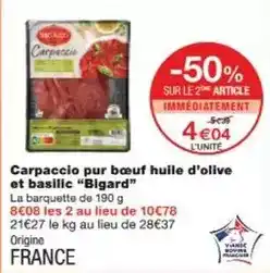 Monoprix Bigard - carpaccio pur bœuf huile d'olive et basilic offre