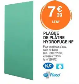 Chretien Matériaux PLACO Plaque de plâtre hydrofuge nf offre