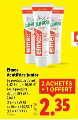 Lidl Elmex dentifrice junior offre