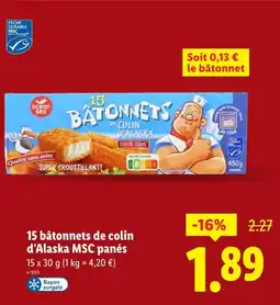 Lidl Ocean Sea 15 bâtonnets de colin d'Alaska MSC panés offre