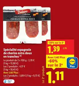 Lidl DULANO Spécialité espagnole de chorizo extra doux en tranches offre