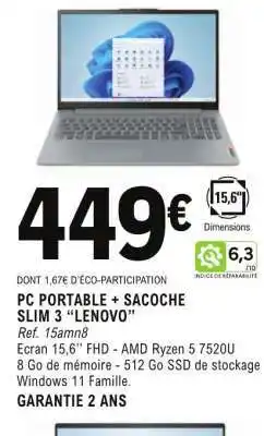 E.Leclerc PC PORTABLE + SACOCHE SLIM 3 LENOVO offre