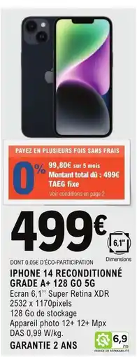 E.Leclerc IPHONE 14 RECONDITIONNÉ GRADE A+ 128 GO 5G offre
