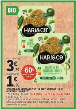 E.Leclerc GALETTES DE LENTILLES VERTES BIO COURGETTES ET MENTHE “HARI&CO” offre