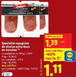 Lidl Spécialité espagnole de chorizo extra doux en tranches offre