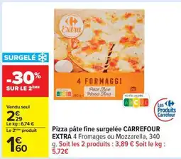Carrefour Pizza pâte fine surgelée CARREFOUR EXTRA 4 Fromages ou Mozzarella offre