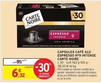 Intermarché Express Carte noire - capsules café alu espresso n°9 intense offre