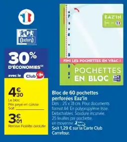 Cora x Carrefour Bloc de 60 pochettes perforées Eaz'in offre