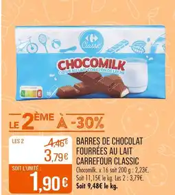 Match CARREFOUR CLASSIC Barres de chocolat fourrées au lait offre