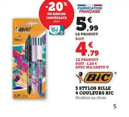 Hyper U BIC 3 stylos bille 4 couleurs offre