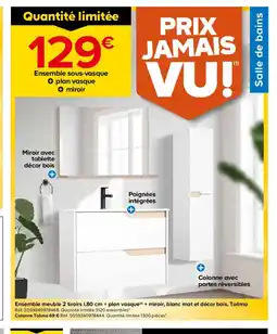 Castorama Ensemble meuble 2 tiroirs + plan vasque + miroir, blanc mat et décor bois, Tolima offre