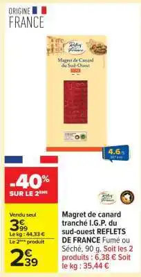 Carrefour Magret de canard tranché I.G.P. du sud-ouest REFLETS DE FRANCE offre