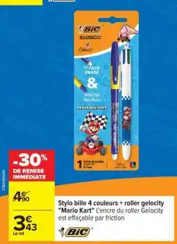 Carrefour Stylo bille 4 couleurs + roller gelocity Mario Kart offre