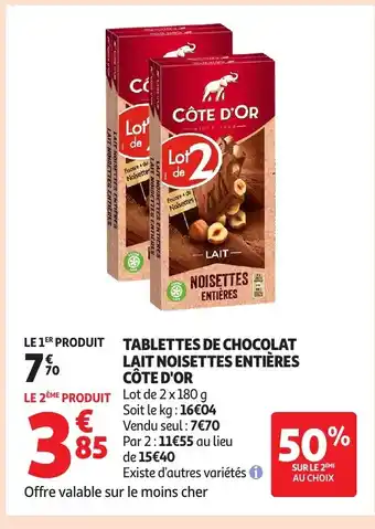 Auchan CÔTE D'OR Tablettes de chocolat lait noisettes entières offre