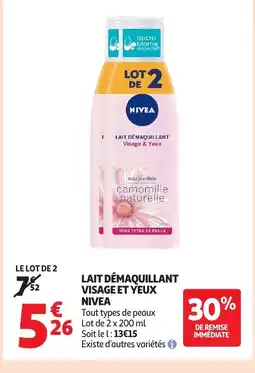 Auchan NIVEA Lait démaquillant visage et yeux offre