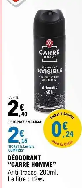 E.Leclerc DÉODORANT “CARRÉ HOMME” offre