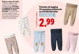 Lidl Pantalon de jogging OU pantalon molletonné en COTON BIO bébé offre