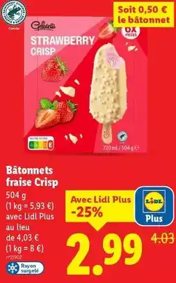 Lidl Gelatelli - bâtonnets fraise crisp offre