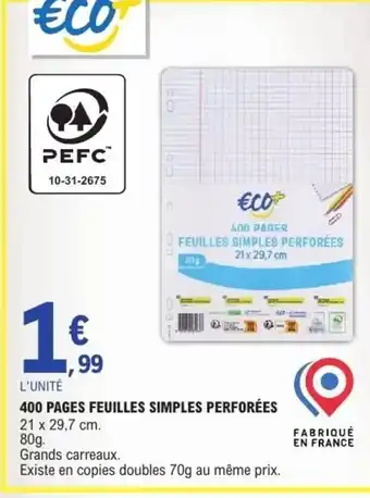 E.Leclerc 400 pages feuilles simples perforées offre